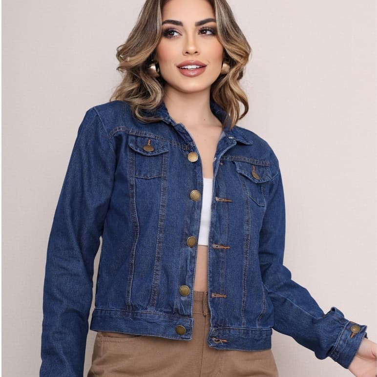Jaquetinha Jeans Feminina Casaco Manga Escura  SEM Elastano