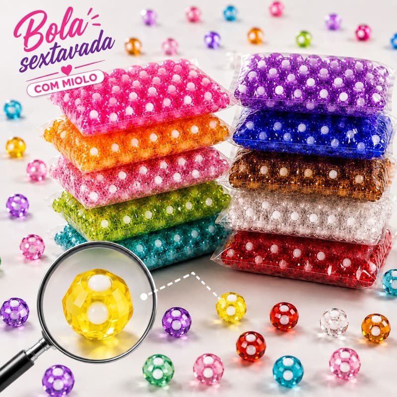 Miçanga Bola Acrílica Sextavada com Miolo com 100grs ou 500 gramas Bijuterias Colar Laço Personalizados Festa Decoração