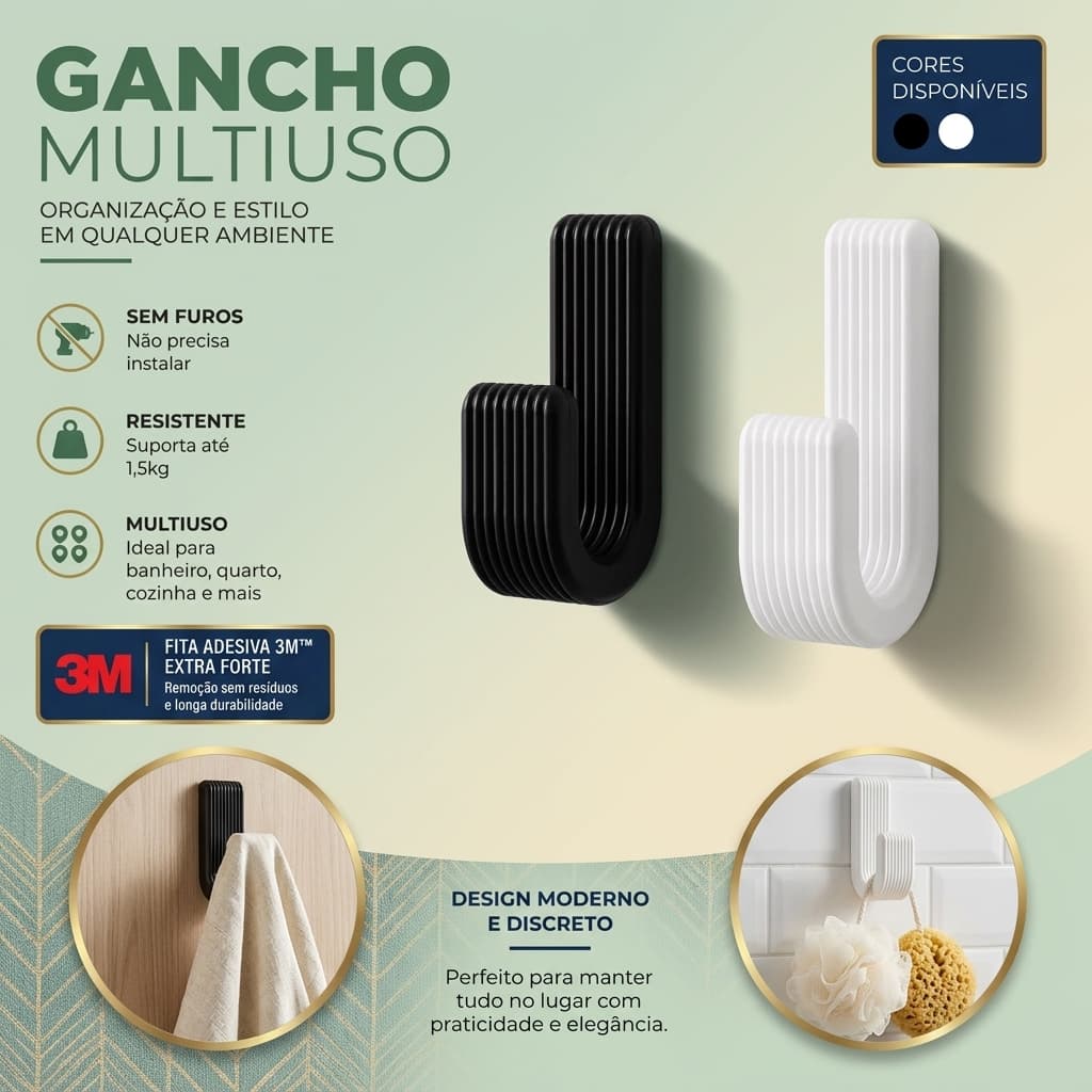 Kit Com 2 Ganchos com Suporte Resistente Com Fita Dupla Face Para Toalhas Roupas Acessórios