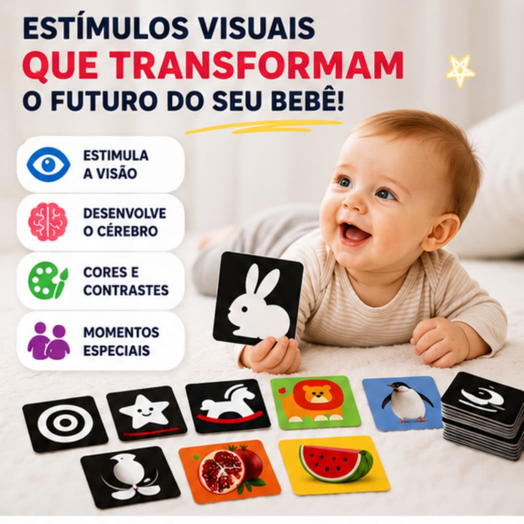 Cartões de Estimulação Visual para Bebê Montessori | Alto Contraste Preto e Branco | Desenvolvimento Sensorial | 0 a 36