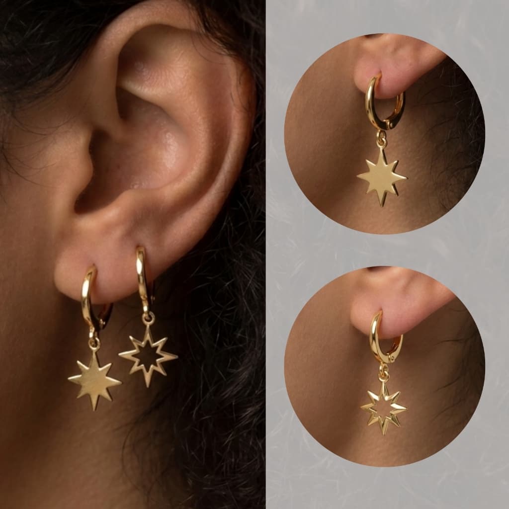 Semi Joia Dupla de Brincos Estrelas Argolinha AntiAlergico Banhado Ouro18k Prata 925