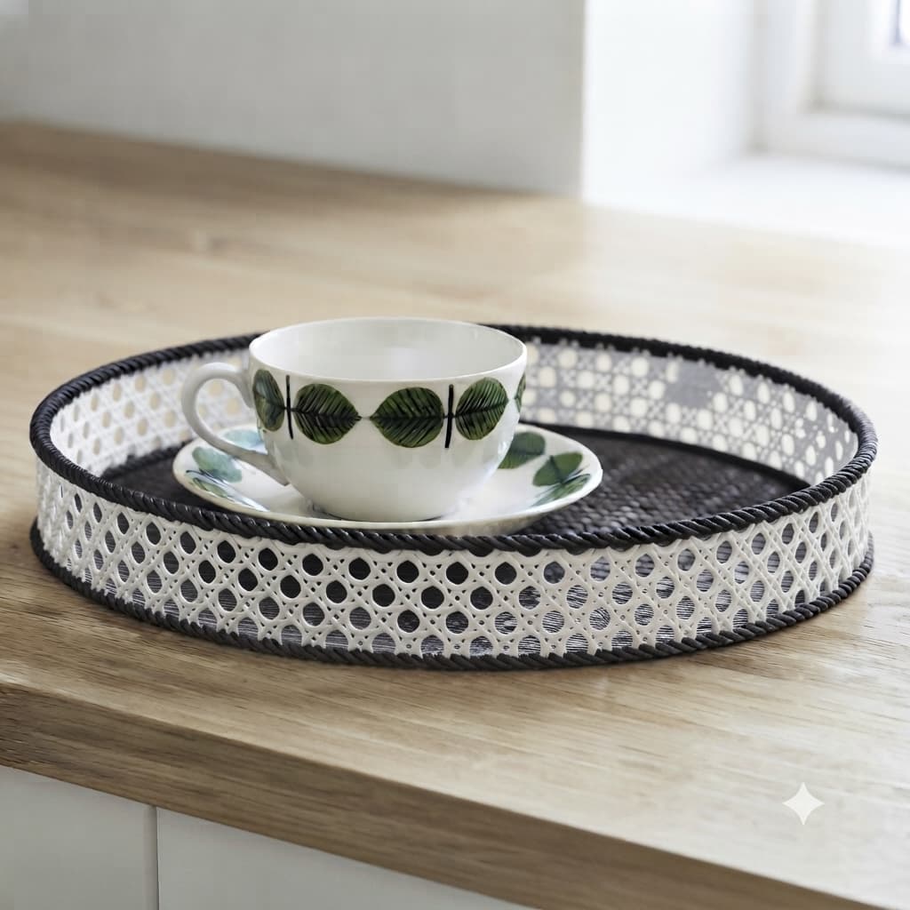 Bandeja Decorativa Estilo Rattan com Borda de Corda Organizadora Multiuso