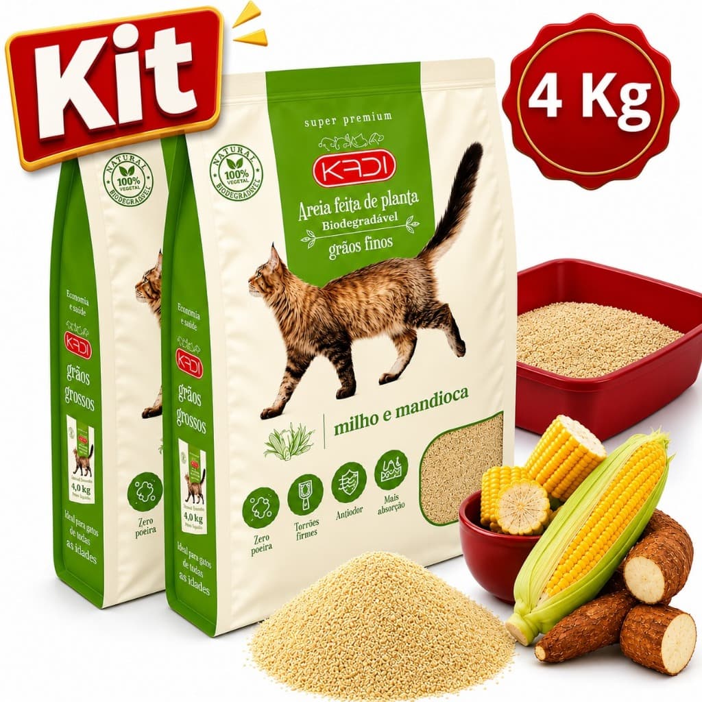Kit 2 Pacotes Areia Kadi Higiênica Natural Milho e Mandioca Para Gatos Biodegradável de Grãos Finos
