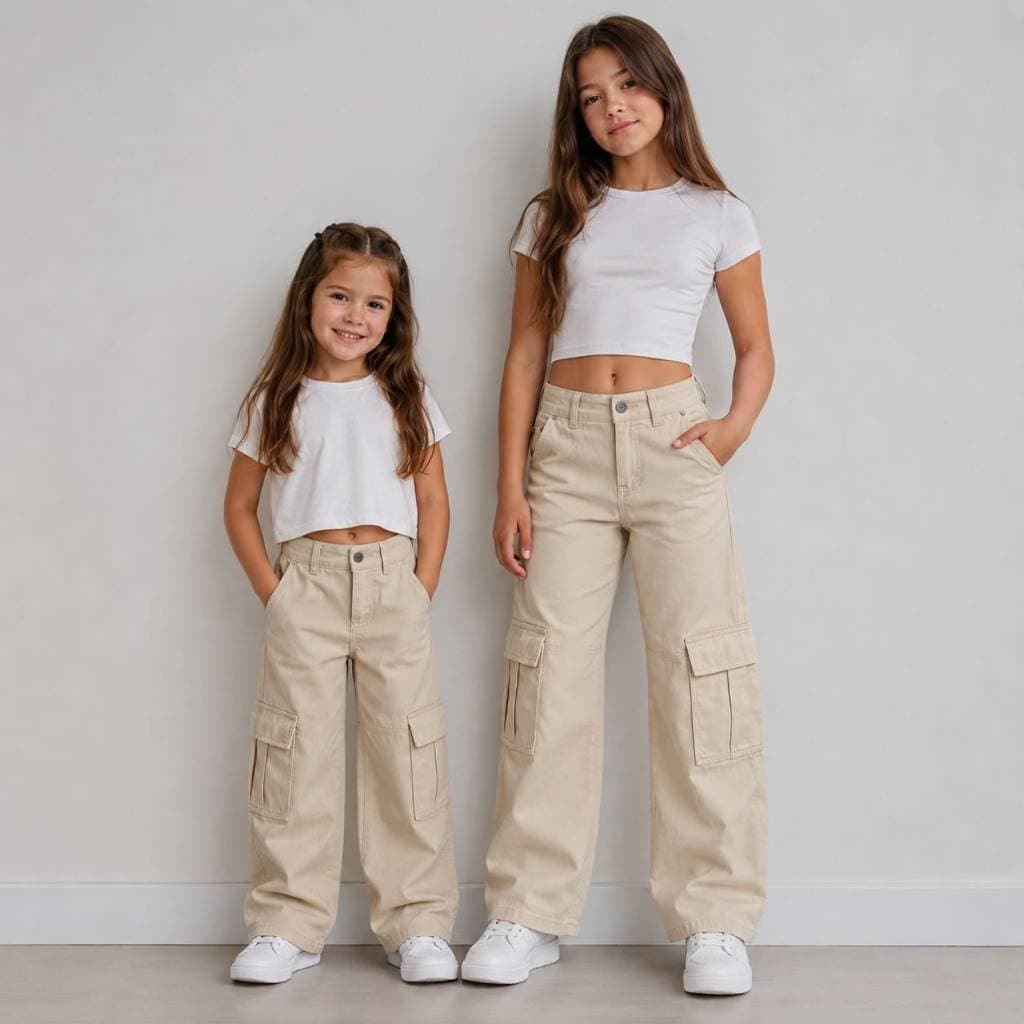 Calça Cargo Bege Sarja Infantil Juvenil Menina Bolsos