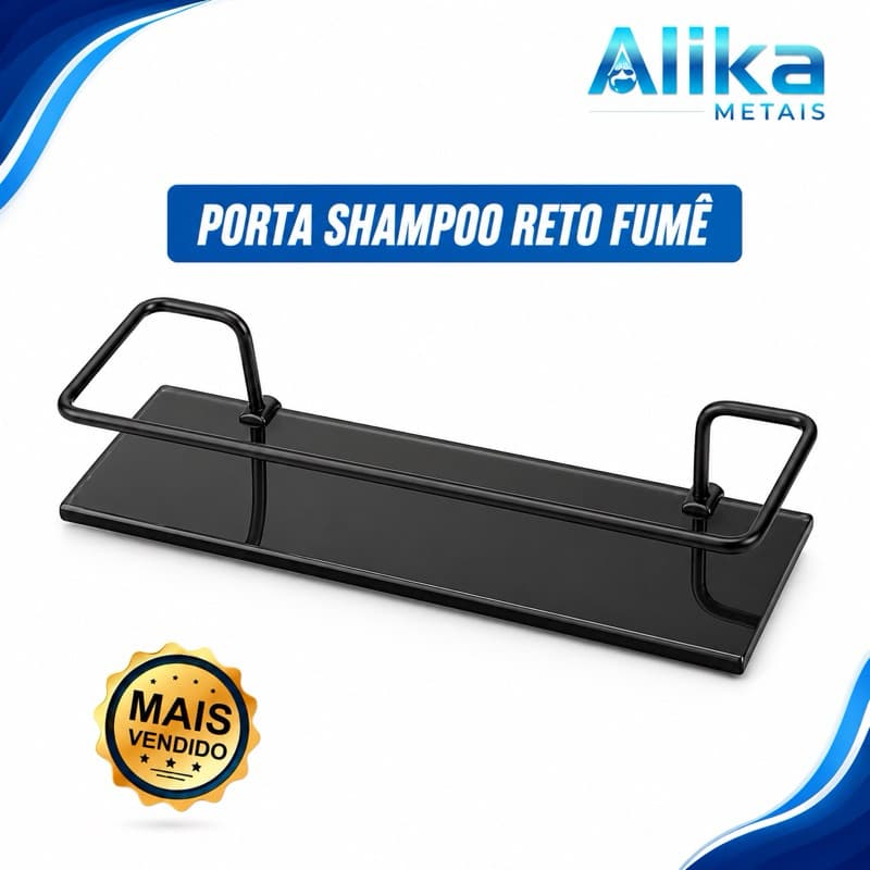 Prateleira de Vidro e Aluminio Porta Shampoo Reto Fumê Preto para Banheiro, Lavabo Luxo elegante