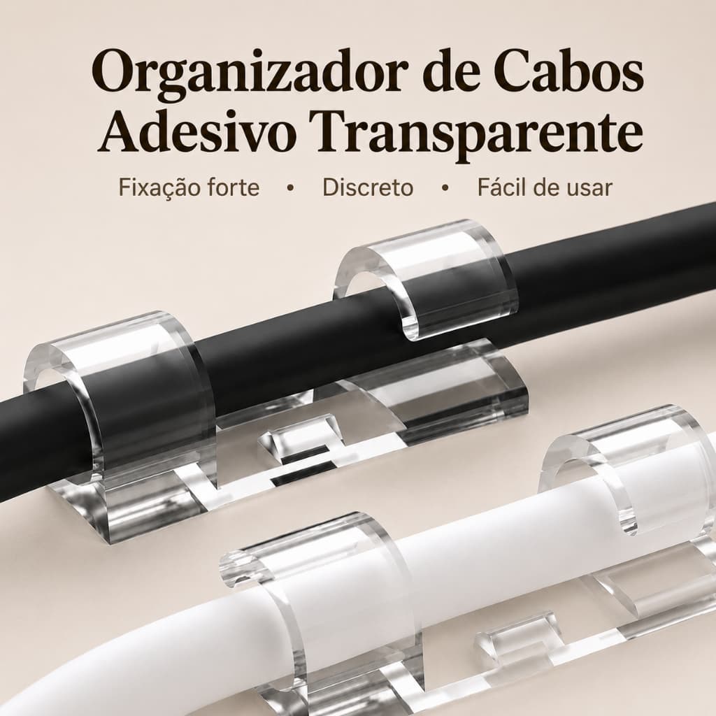 Organizador de Fios e Cabos Adesivo - Fácil Instalação, Não Danifica Superfícies, Transparente