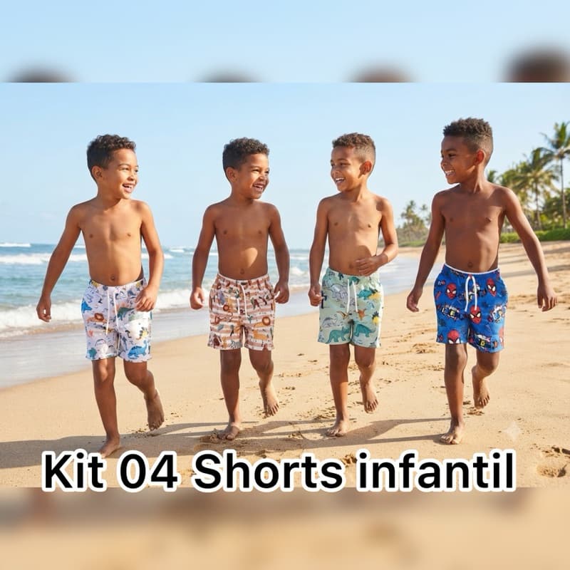 Kit 04 Shorts Tactel Estampas Bermudas Shorts Tactel Infantil Juvenil 1 a 12 Anos Estampadas  Praia Piscina Confortravel