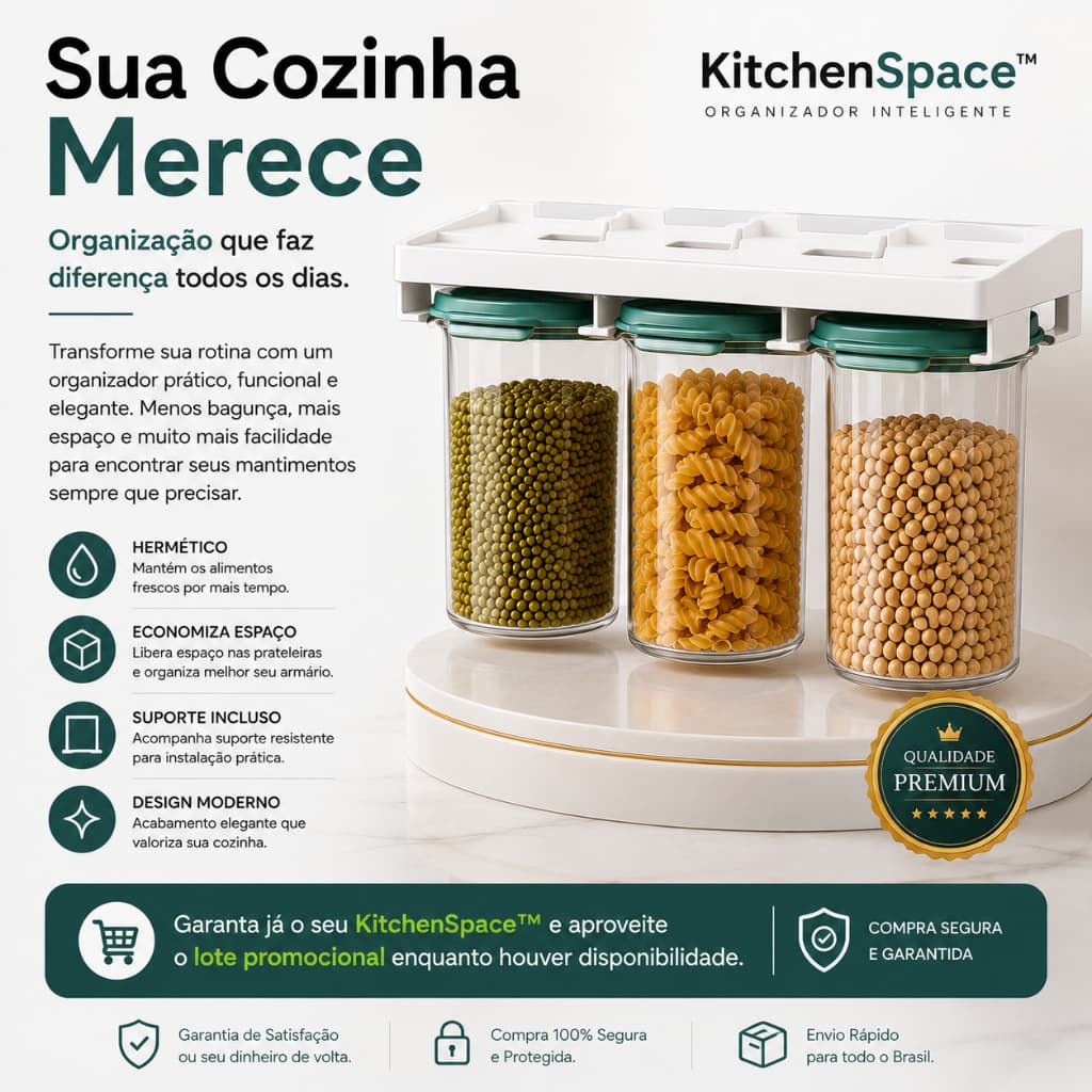 Kit 3 Potes Herméticos com Suporte Organizador para Armário Cozinha Tampa Vedação KitchenSpace™