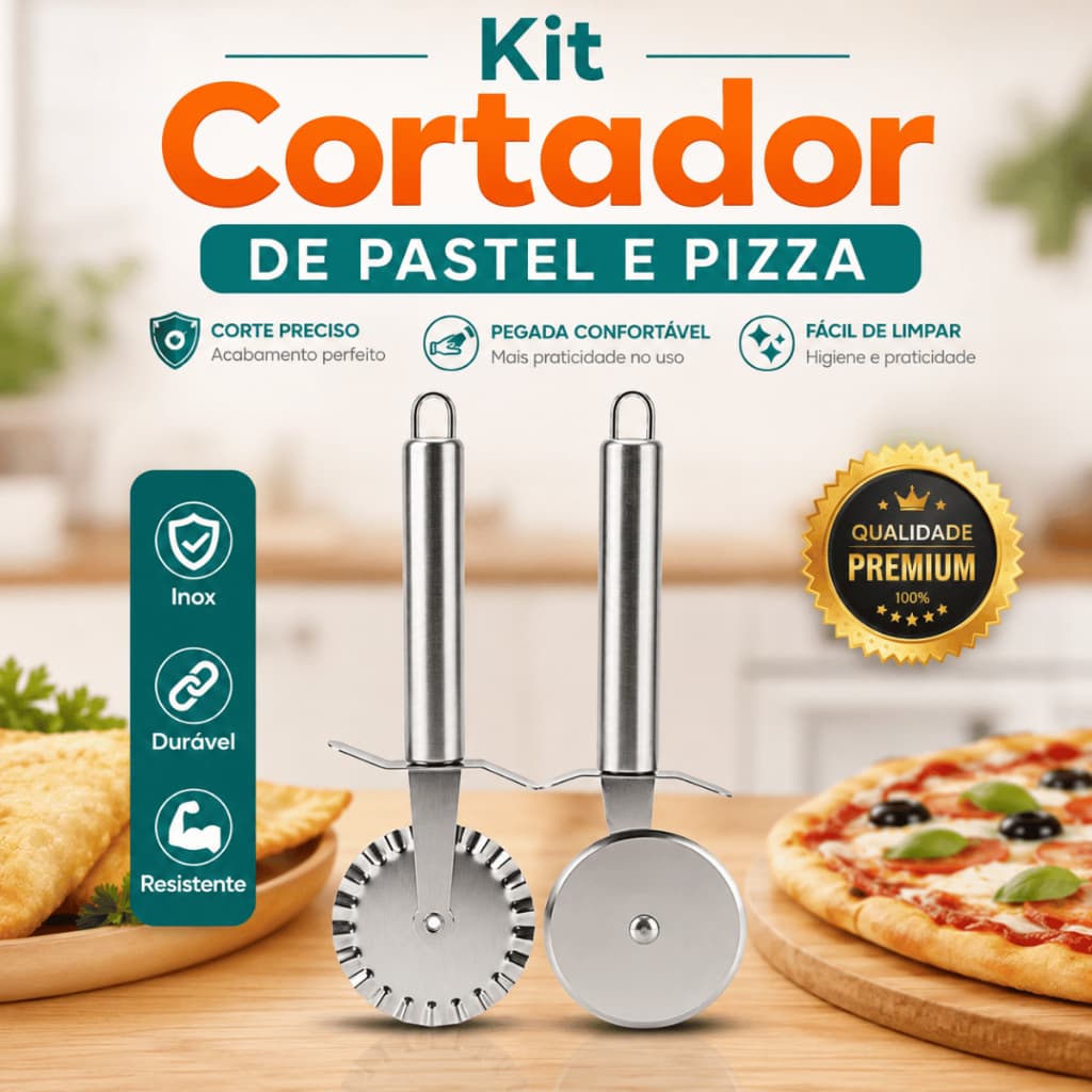 Kit 2 Peças Cortador de Pizza, Carretilha Fatiador Massa Pastel Profissional Lâmina Em Aço Inox Restaurante