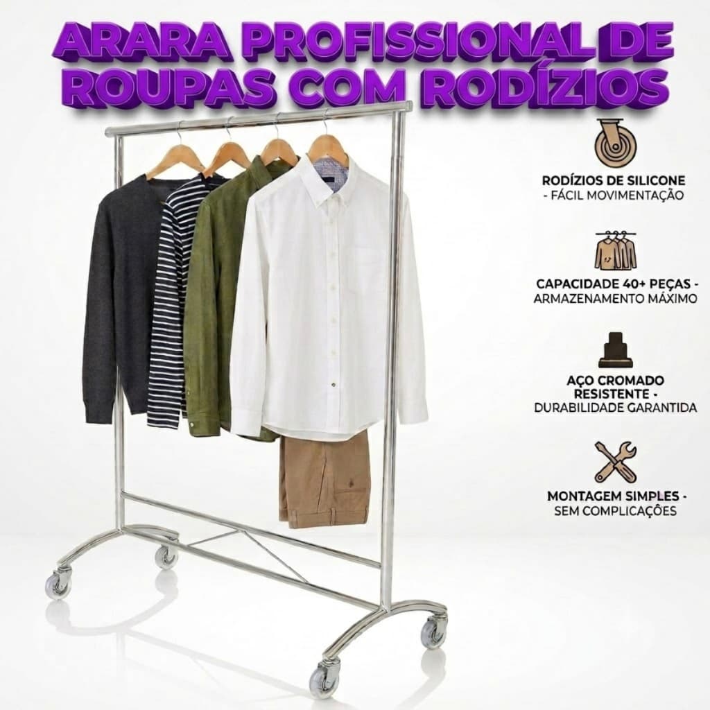 Arara de Roupas 1,20m Reforçada Cabideiro de Chão Aço Expositora para Loja Closet