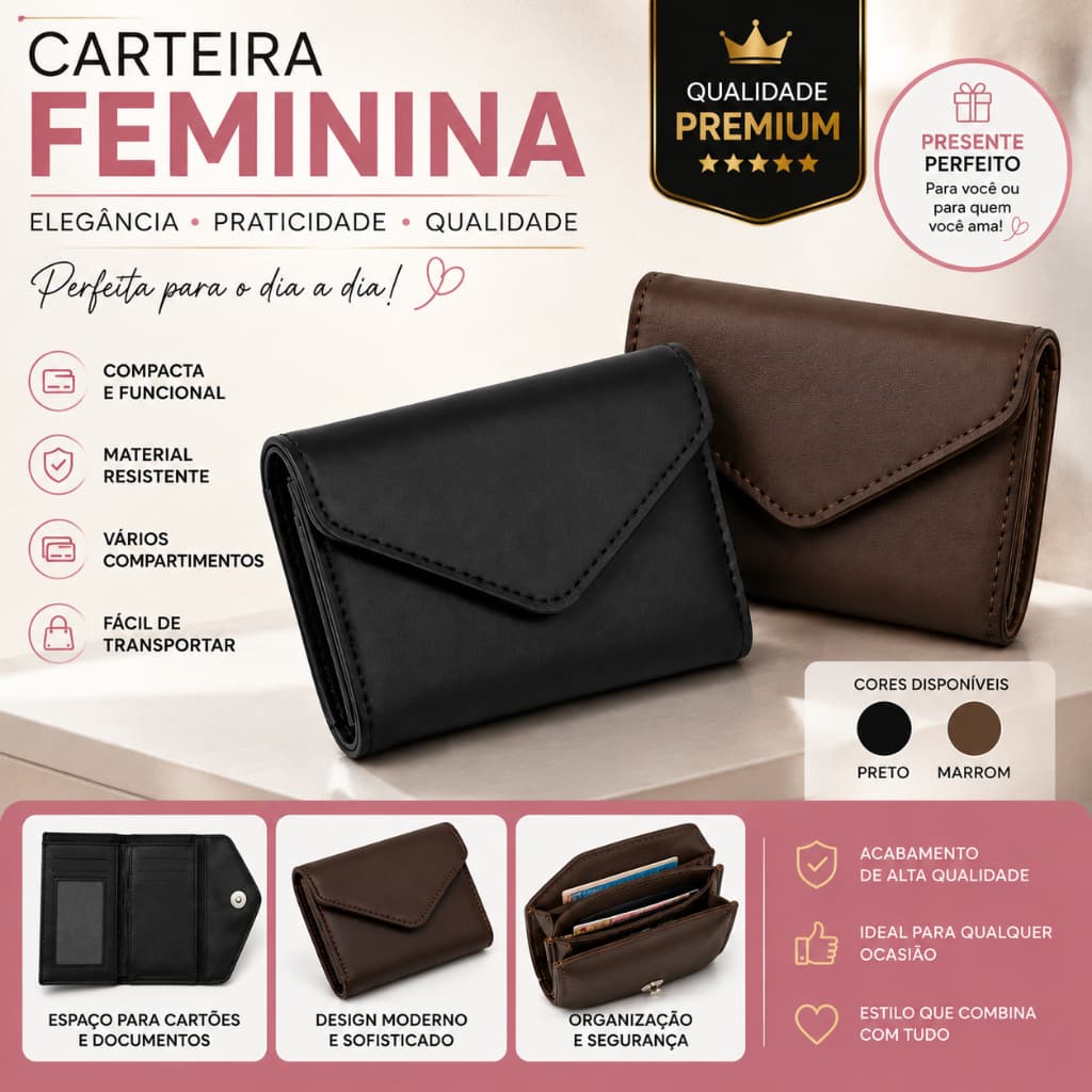 Carteira Feminina Trifold Envelope Com Botão Magnético Porta Cartão CNH Pequena Compacta Premium