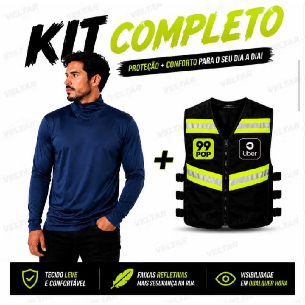 Kit Colete Refletivo Uber Moto 99 Pop Motoboy com Zíper + Blusa gola alta