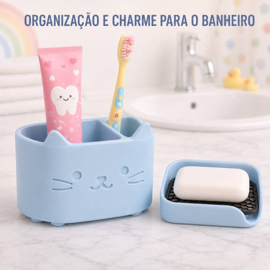 Kit Banheiro Gatinho Porta Escova de Dente e Saboneteira Drenável Organizador de Pia Infantil Várias Cores