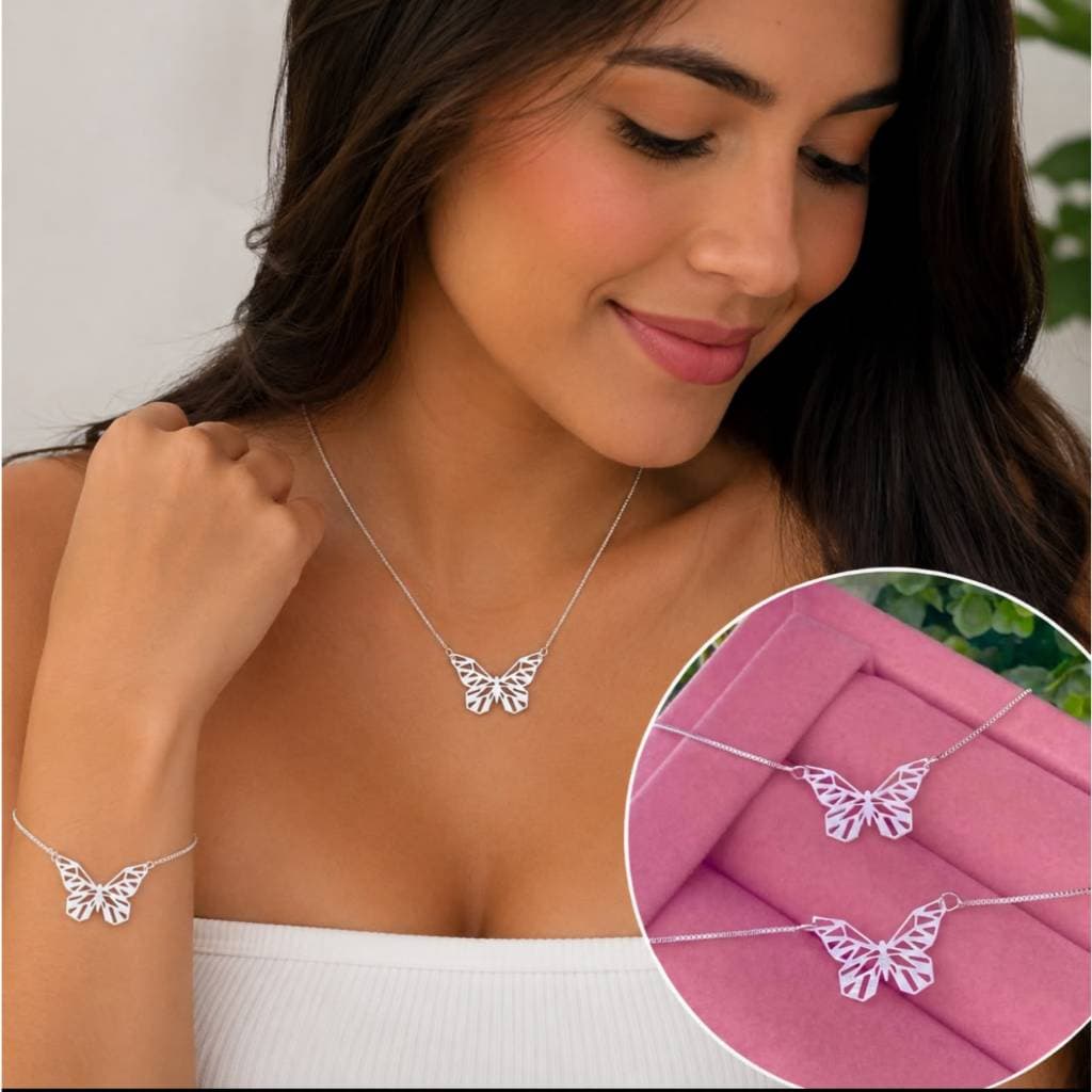 Kit 2 Colar e Pulseira Borboleta Vazada Folheado Prata925 e Ouro18k