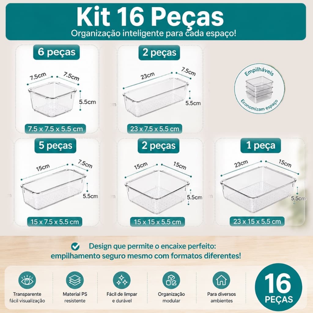 Kit 16 Organizadores Transparentes PET Modular Gaveta Armário Cozinha Banheiro Multiuso R3