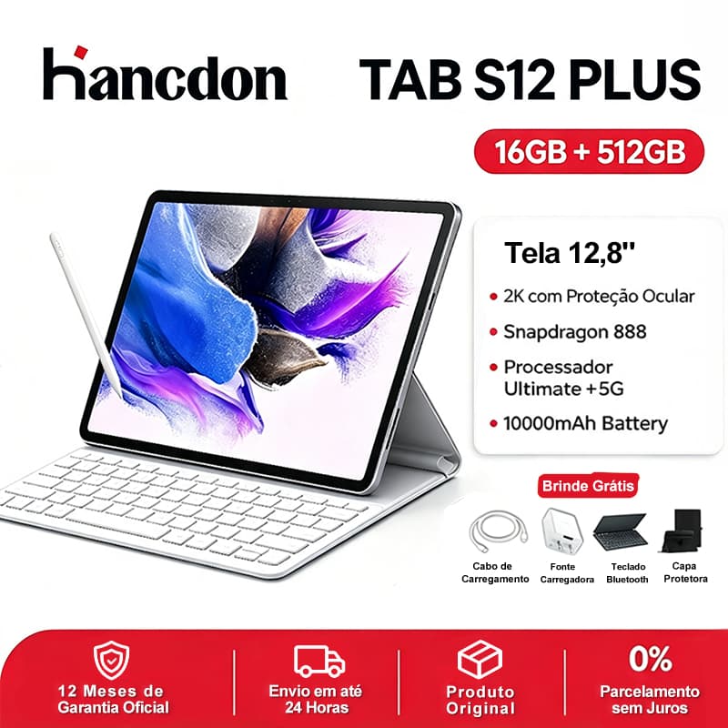 Hancdon Tablet S12 Plus 16GB RAM 512GB | Android 15 | Tela 12.8" FHD | Bateria 10000mAh | Snapdragon 888