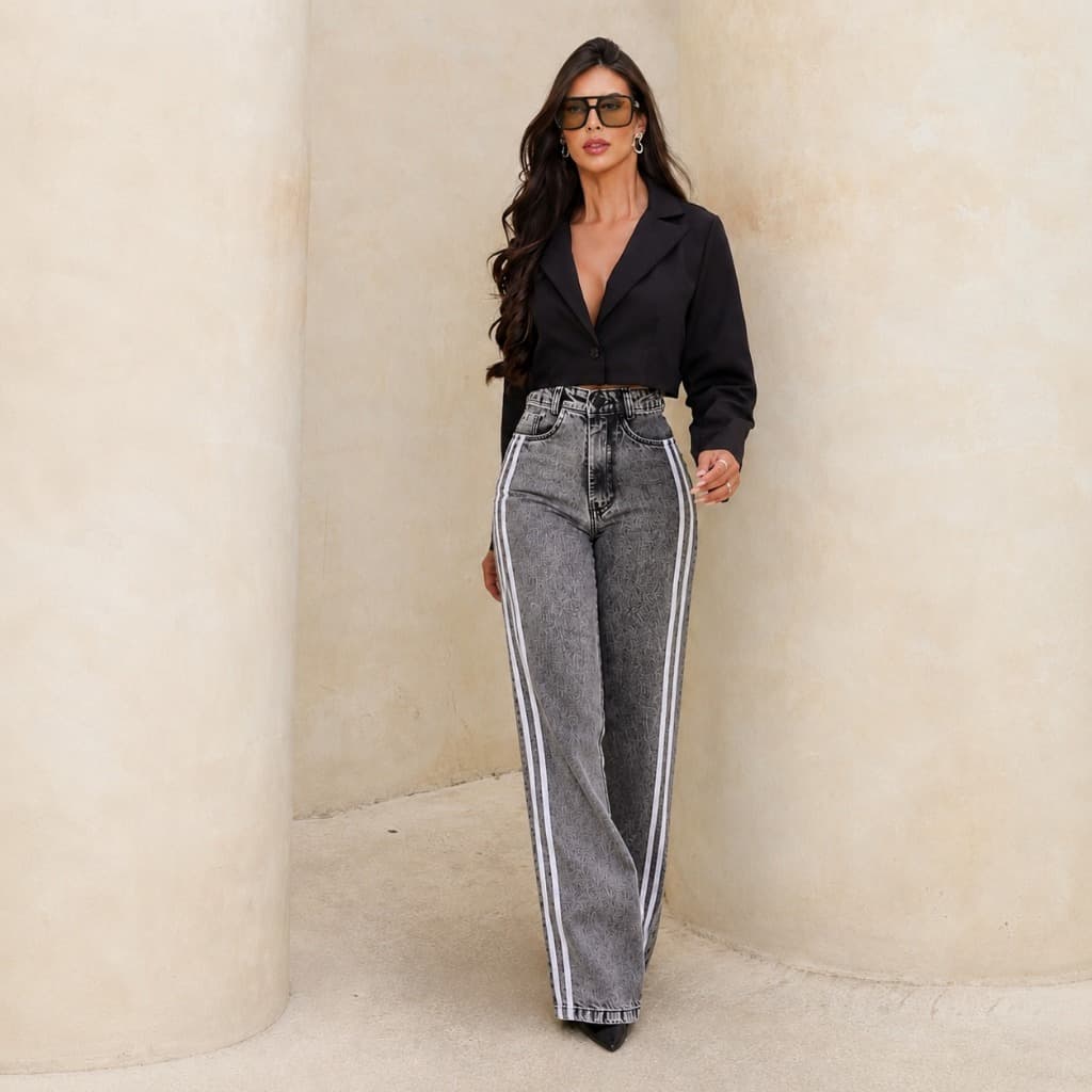 Calça Jeans Wide Leg Feminina Grafite Cintura Alta com Listras Laterais Estilo Esportivo Streetwear