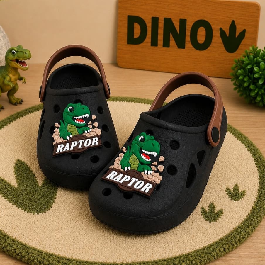Sandália Infantil Menino Detalhe Lateral Personalizada Babuche Injetado Dinossauro Raptor Confortável Leve