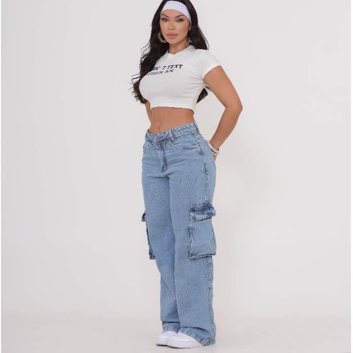 Calça cargo azul-clara retrô americana | Calça de cintura alta e pernas largas que afinam a silhueta | Calça até o chão