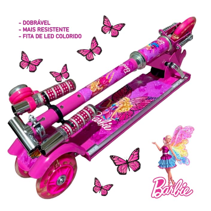 Patinete Infantil de Ferro Musical Barbie Borboleta 3 Rodas Luz LED Rodas e Laterais Freio Buzina