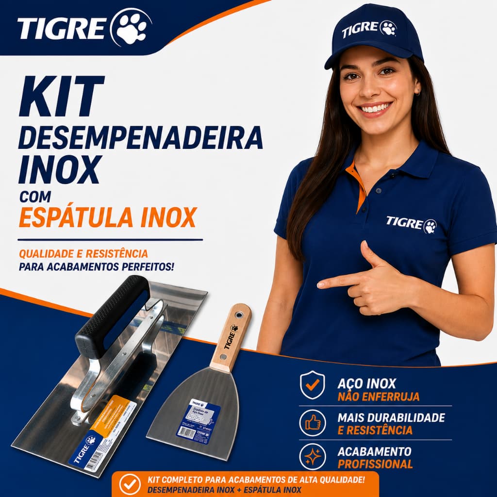 KIT DESEMPENADEIRA DE AÇO INOX COM ESPATULA DE AÇO INOX  TIGRE.