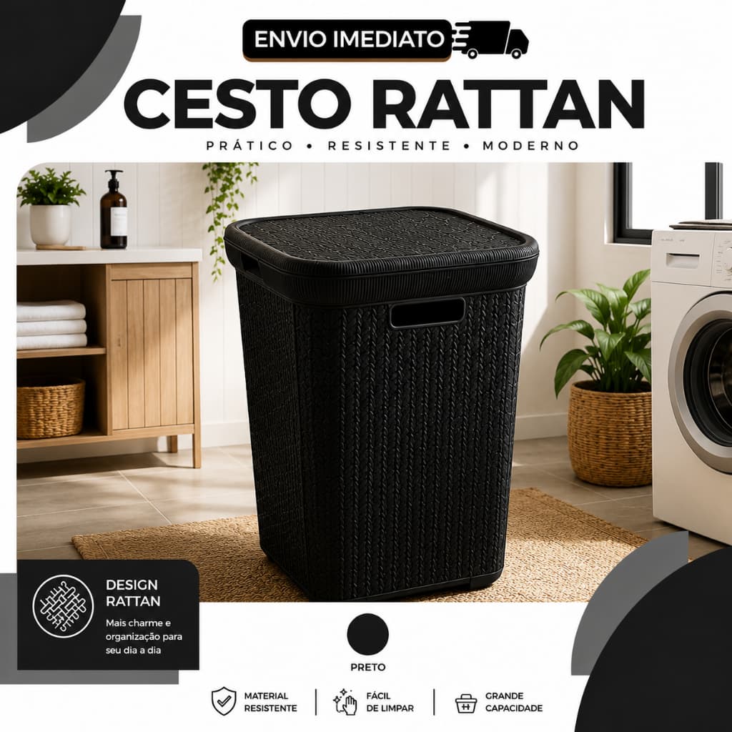 Cesto Rattan Preto 50 Litros com Tampa Cesto Organizador Multiuso