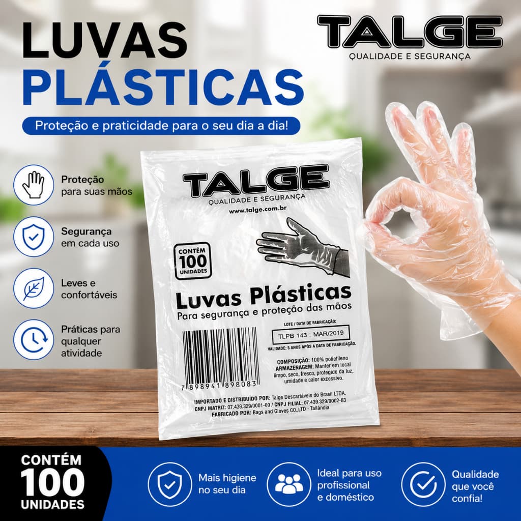 Kit Luva Plástica Descartável Talge até 1000 unidades Higiene Culinária e Limpeza Transparente Sem Pó