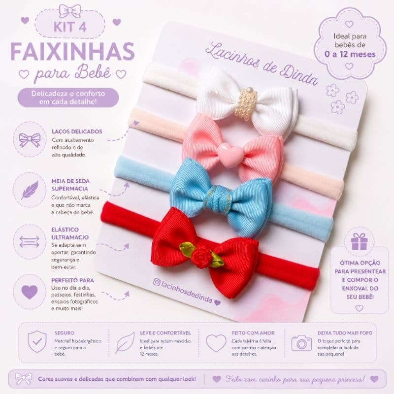 Kit 4 faixinhas para bebê menina | Laços na meia de seda | tiara recém nascida | enxoval maternidade