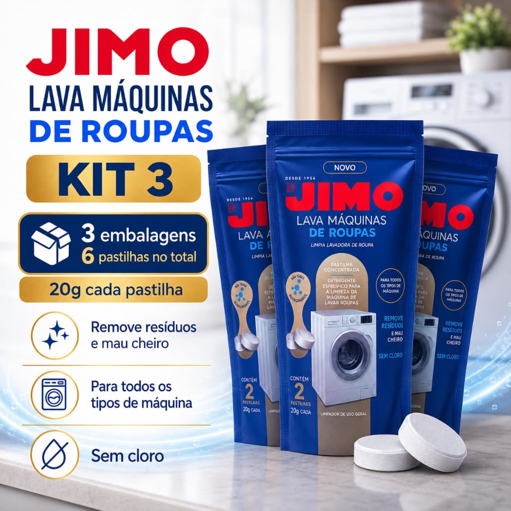 Kit 3 Pastilha Limpa Máquina de Lavar Roupa Jimo 20g Tira Odor Mofo Bactérias Tanquinho Lava e Seca Frontal Higienizador