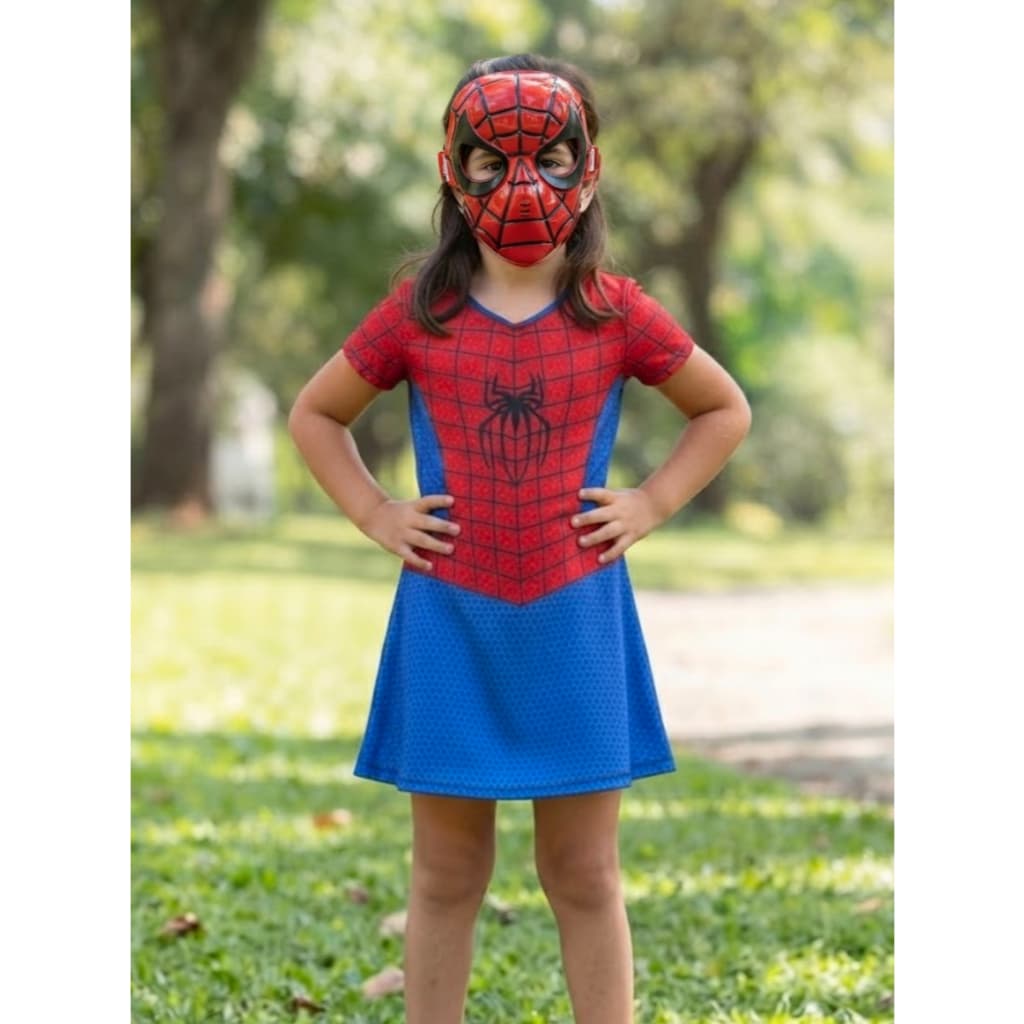 Fantasia Infantil da Mulher Aranha Com Macara de Plástico Roupa Vestido Girl Menina Feminina