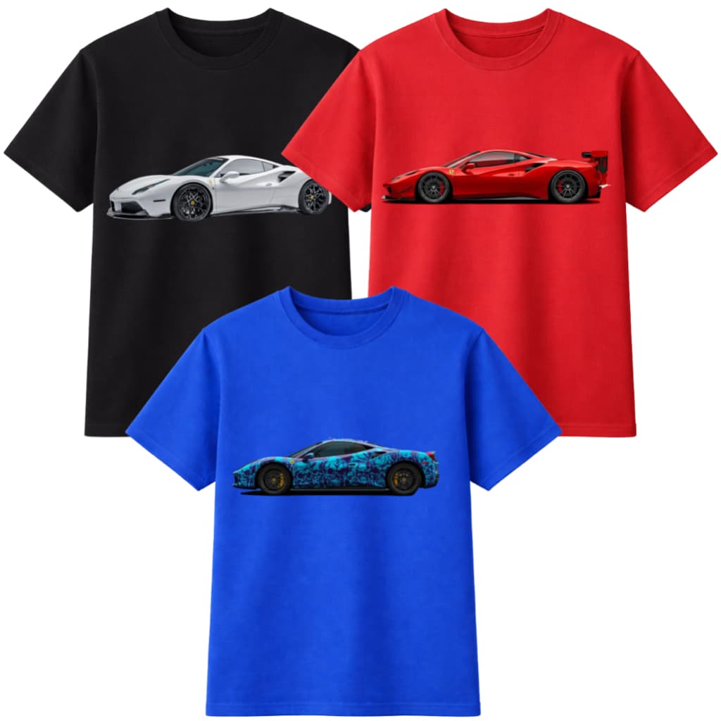 Kit 3 Camisetas Infantil Masculina Carros Esportivos Estampadas – Cores Variadas