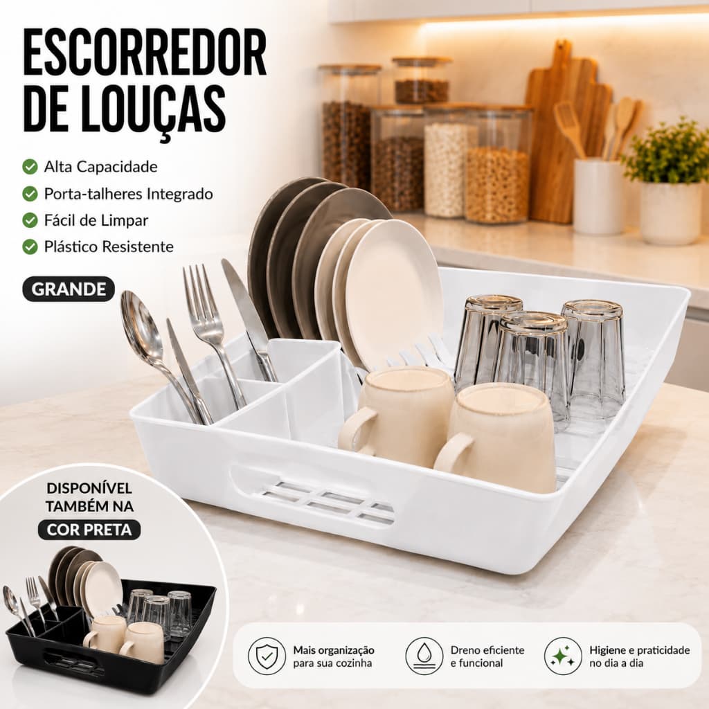 Escorredor de Louças Grande com Porta-Talheres Organizador de Pia Plástico Resistente Branco e Preto