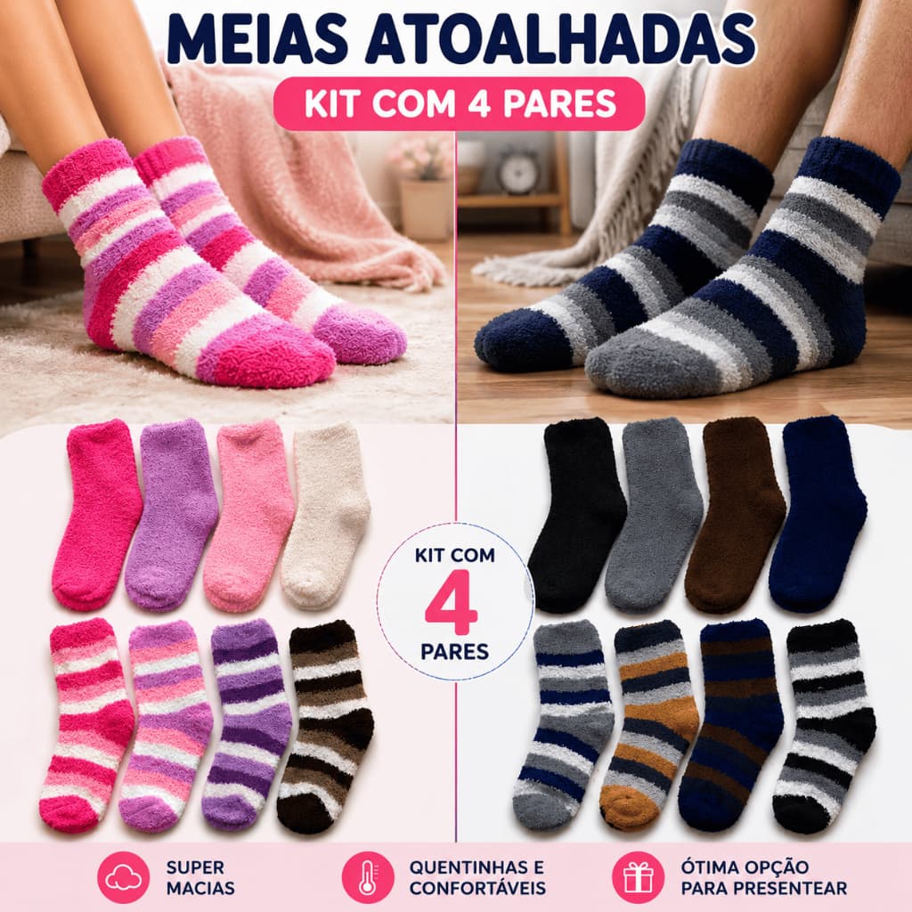 KIT 4 Par De Meias Lã Felpuda Grossa Para Frio Quente Para Adulto Masculinas E Femininas E Inverno Térmica