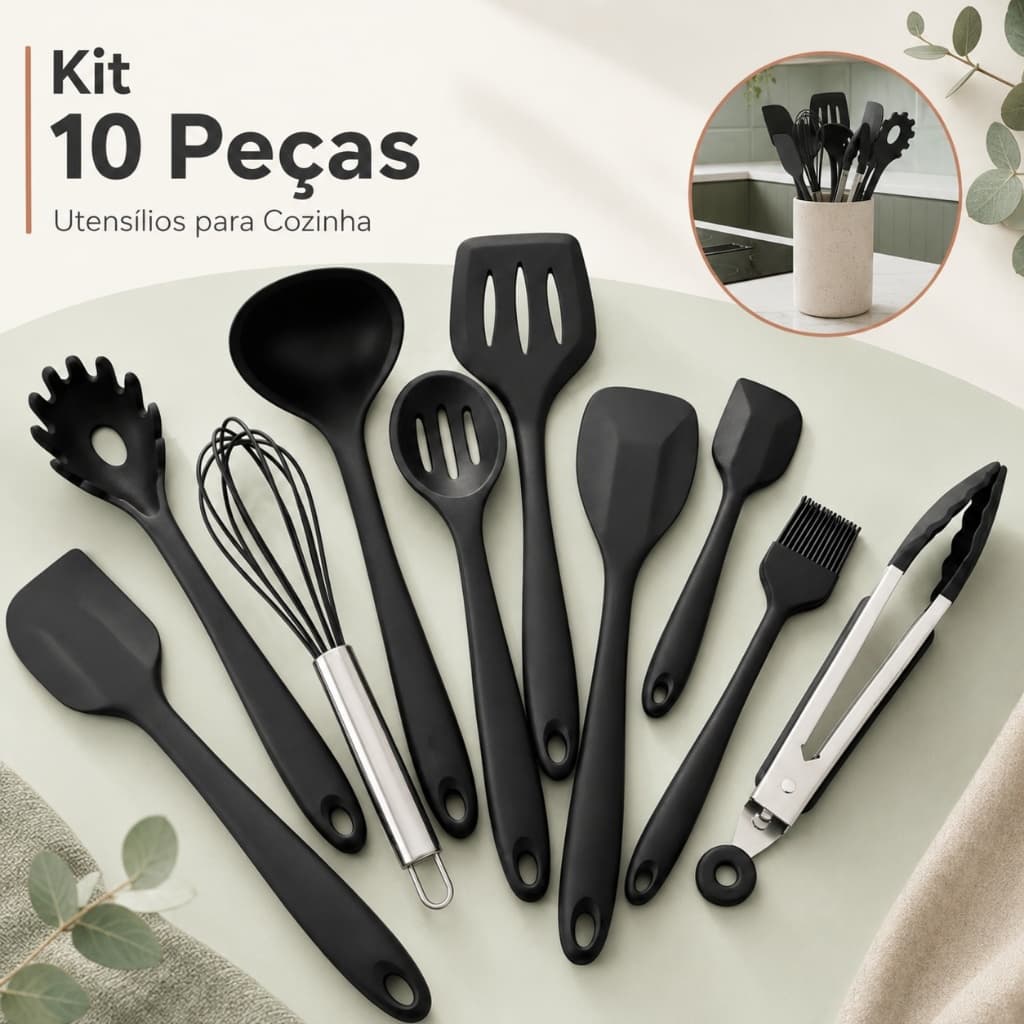 Kit 10 Peças Conjunto Utensílios Cozinha Silicone Inox Jogo Colheres Pegador Concha Preto Vermelho