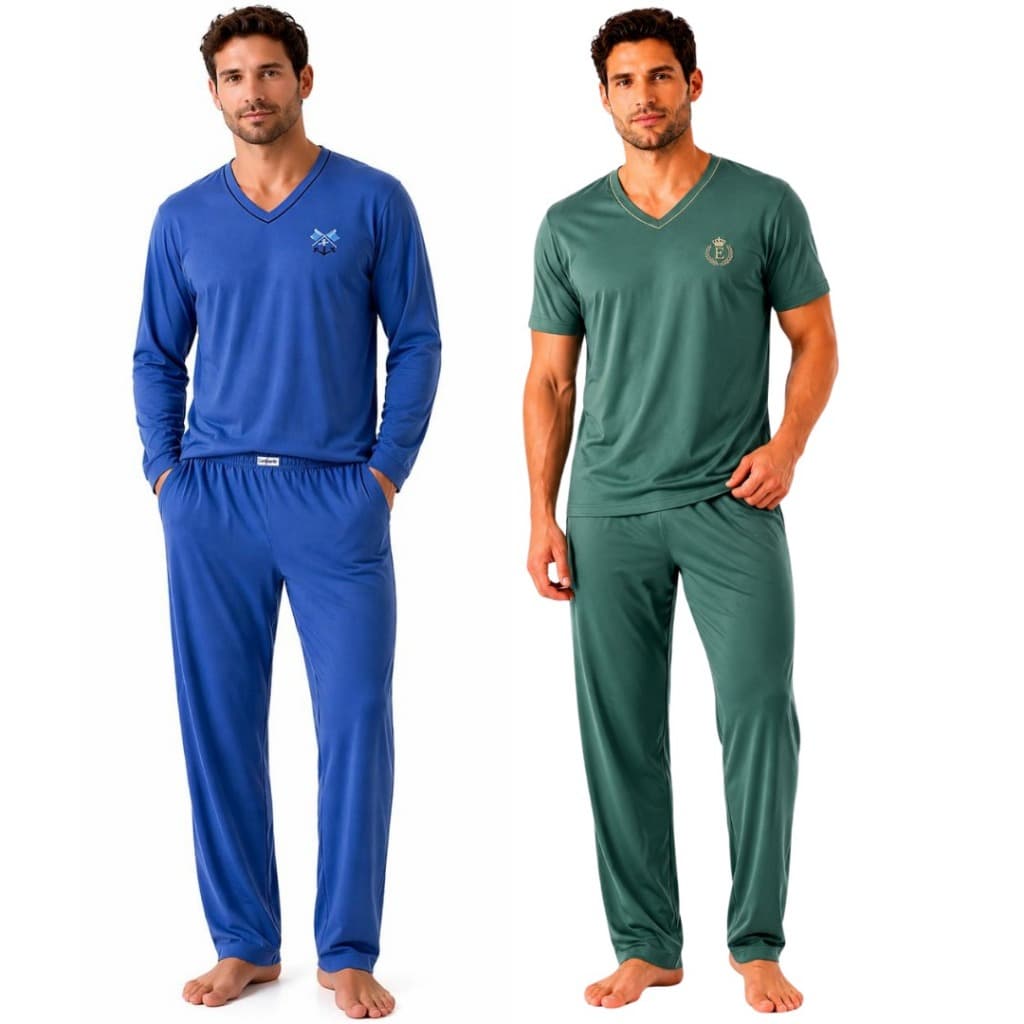 KIT PIJAMAS MASCULINO LISO 1 LONGO 1 MEIA MANGA LOGA V ADULTO PREMIUM