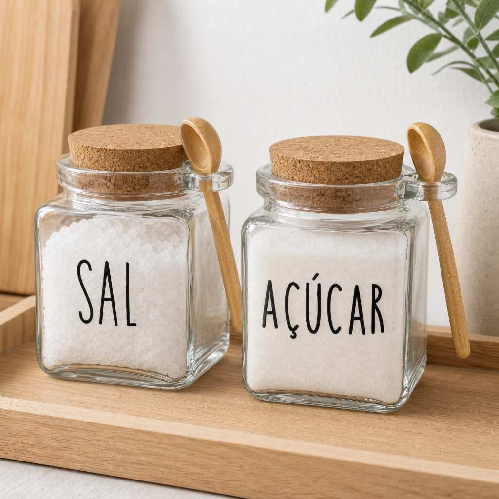 Açucareiro e Saleiro de Cozinha Vidro 300ml c/ Adesivos e Colher Bambu Hermético