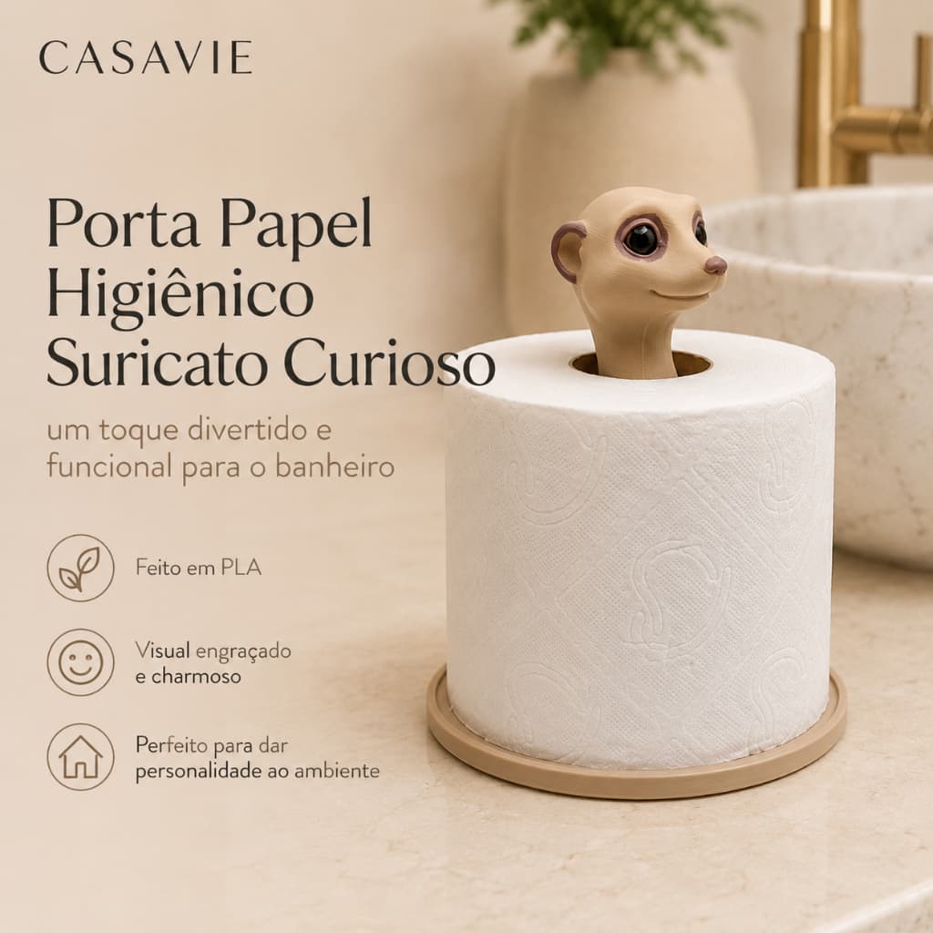 Porta Papel Higiênico Suricato Curioso | Decoração Engraçada Banheiro Bege