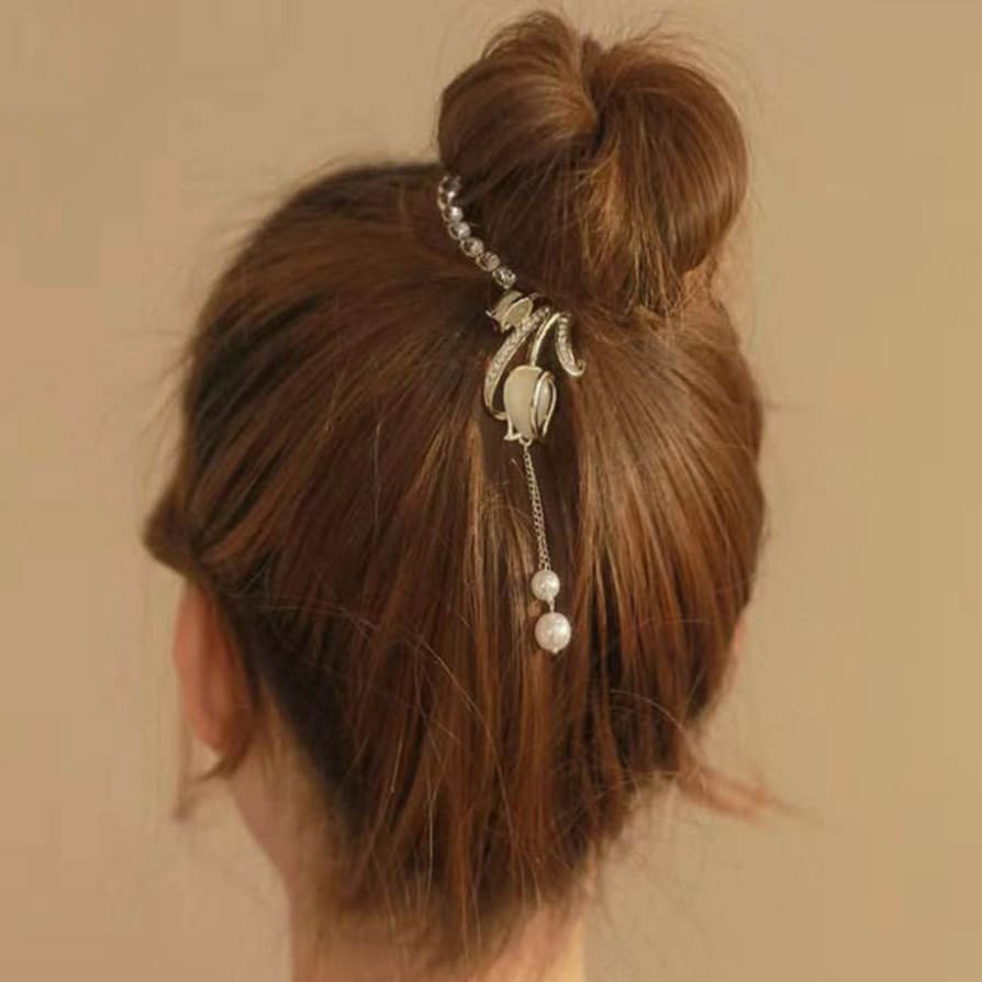 Presilha de Cabelo Elegante Dourada Floral com Pérolas para Coque