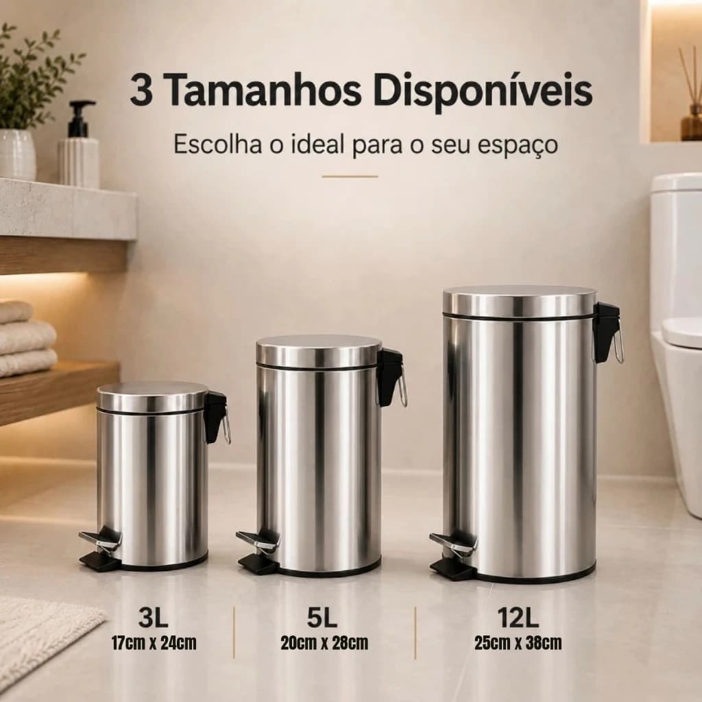 Lixeira Inox 3l, 5l, 12L Cozinha Banheiro Escritório Slim Redonda com Pedal