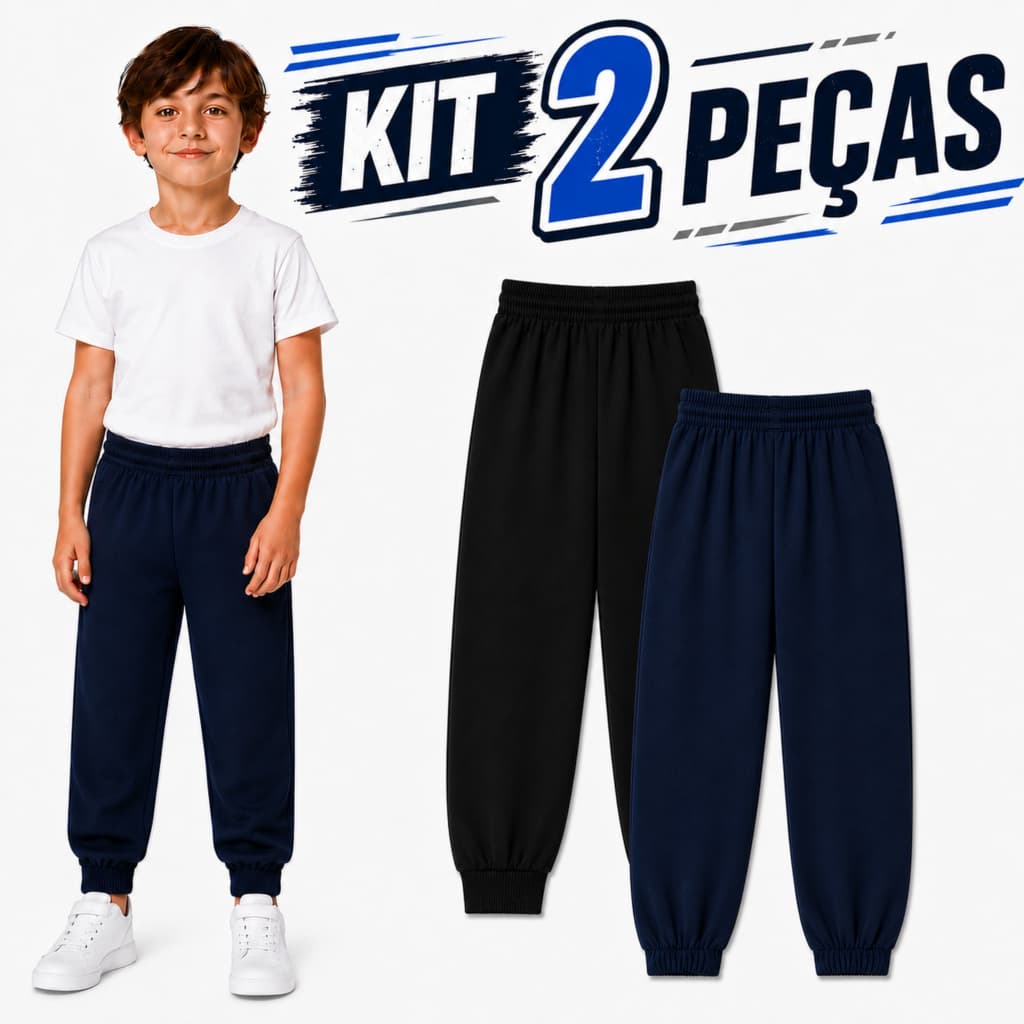 Kit Sortido 2 Calças Moletom Infatil Peluciada Masculina/Menino Elastico Na Cintura e Na Barra Quentinha Inverno