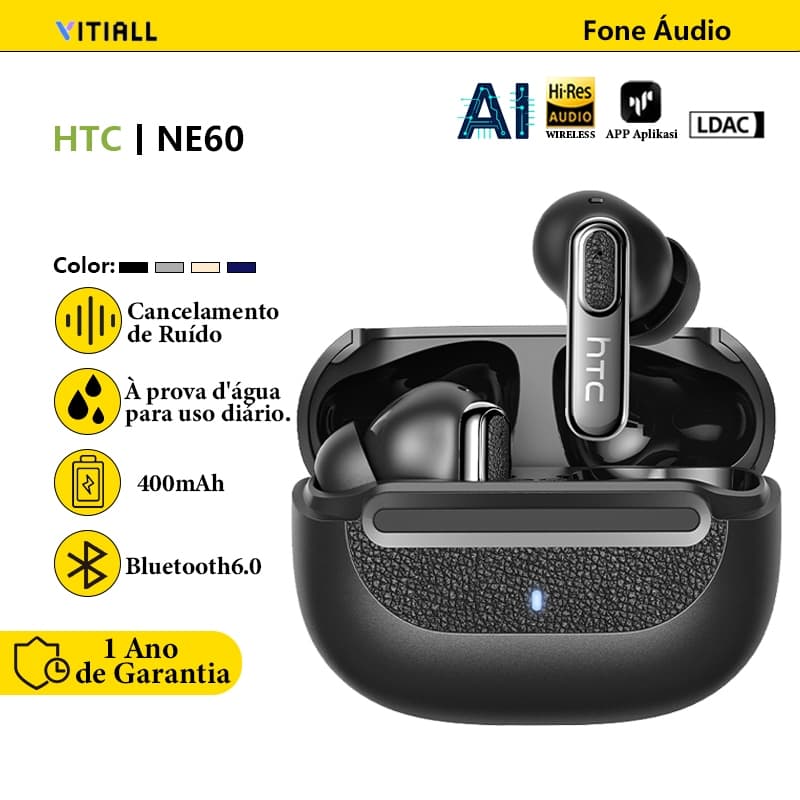 HTC NE60 Fone TWS Sem Fio Bluetooth 6.0, Toque Inteligente, Som HiFi Estéreo, Esportivo, Redução de Ruído, Fone Gamer