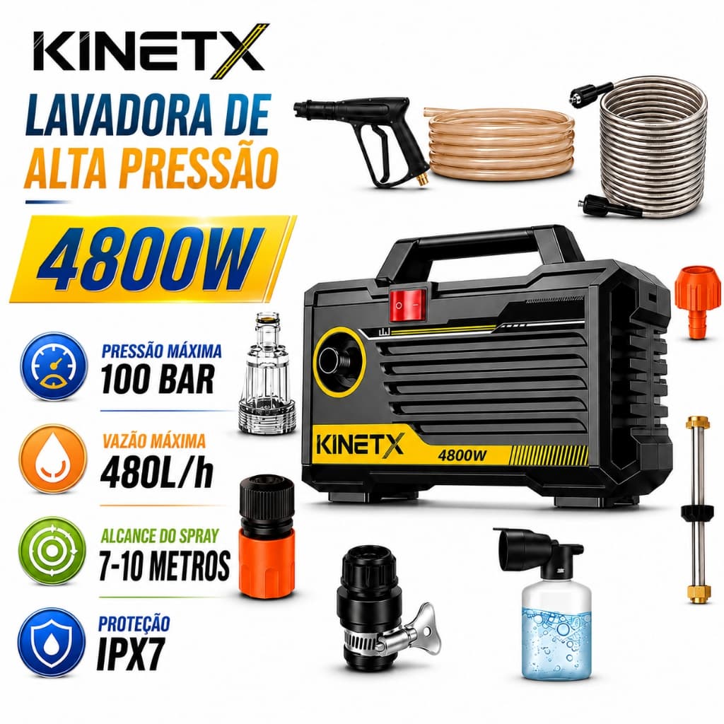 Lavadora De Pressão Alta Pressão Portátil 4800W Bivolt 127V/220V Com Mangueira Frasco Espuma Para Carro Casa KINETX