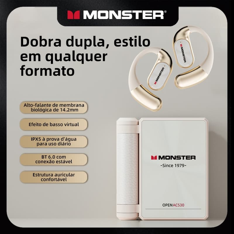 Fone Monster AC530 Design Aberto Bluetooth Bateria de Alta Capacidade Com Microfone HD Versão AI Branca