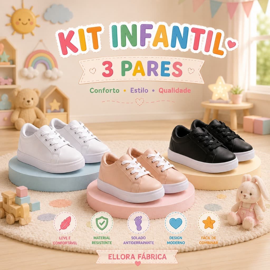 Lindo Kit 3 Pares Tênis Infantil Masculino Escolar Confortável Colegial