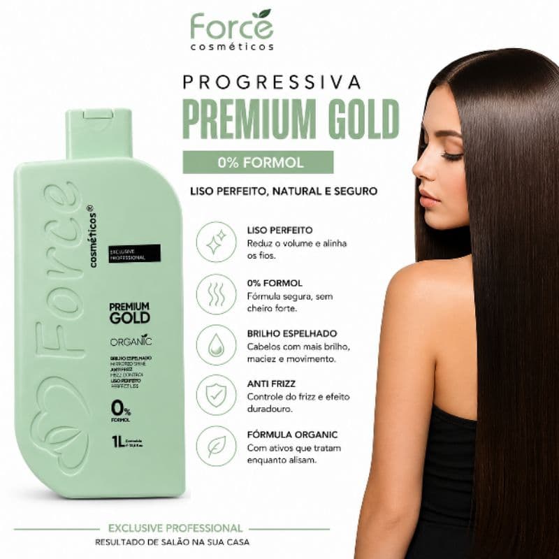 Progressiva Premium Gold Organic Force Cosméticos 1L – 0% Formol | Alinhamento Capilar Profissional