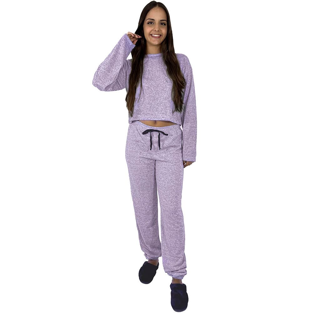 Pijama Feminino Longo Manga Longa com Calça Jogger Conjunto Confortável de Inverno