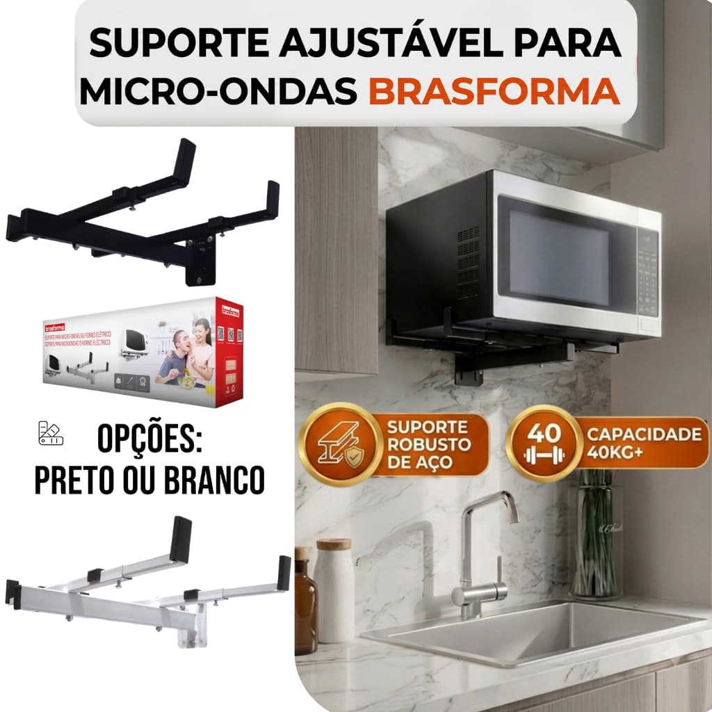 Suporte Para Microondas e Forno Elétrico Parede Brasforma SBR3.4 SBR3.6 Universal Ajustável 40kg Branco Preto