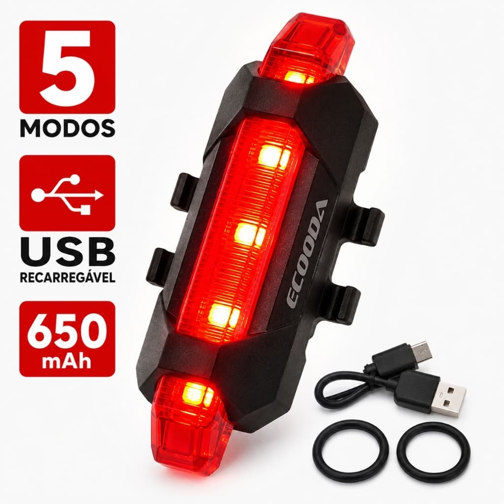 Lanterna Traseira Bike 5 LEDs Recarregável USB 5 Modos Sinalizador Bicicleta ECOODA EC6106