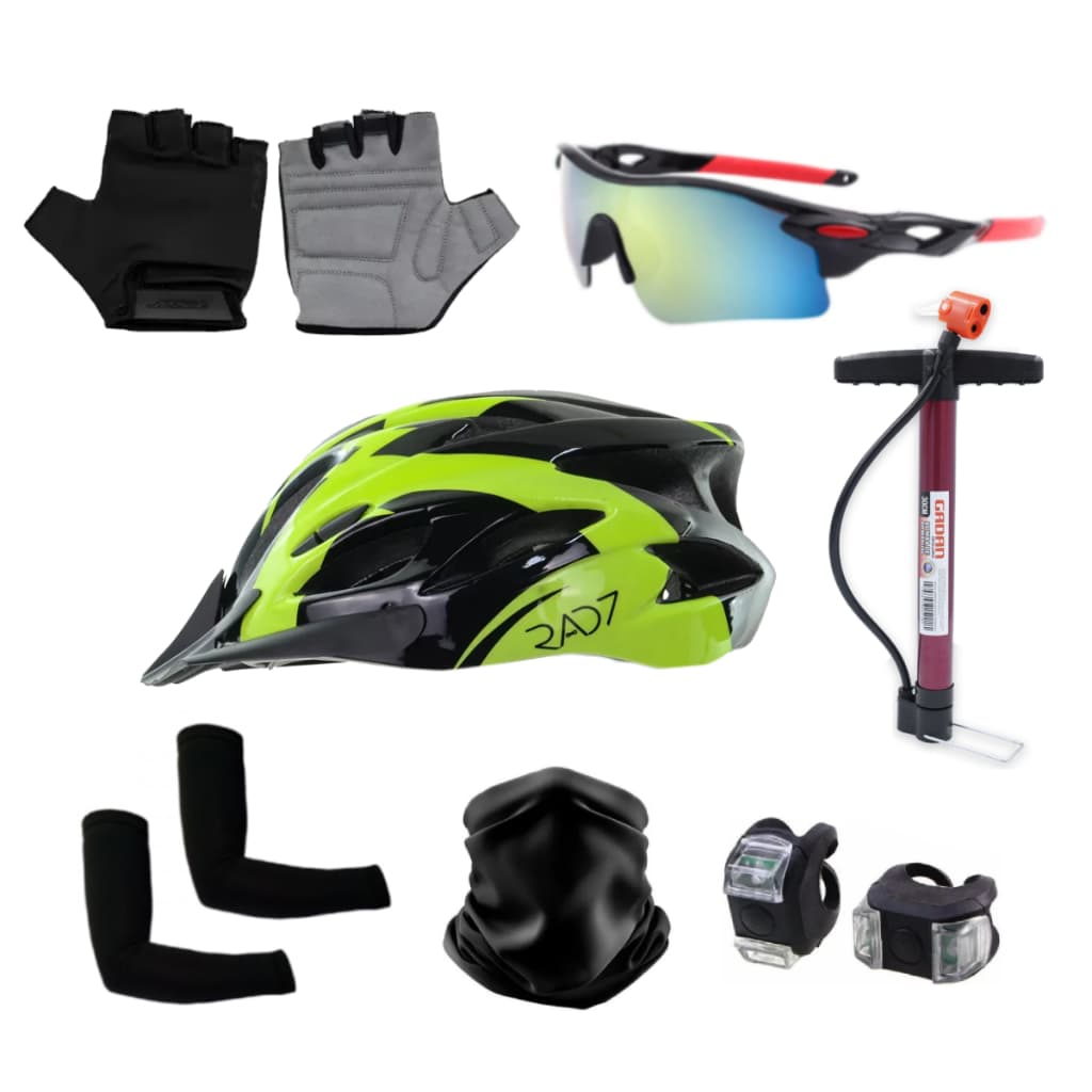 Kit C/ Capacete Bike Com Óculos Luvas Manguito Bandana Bomba de Ar e Parde de Led