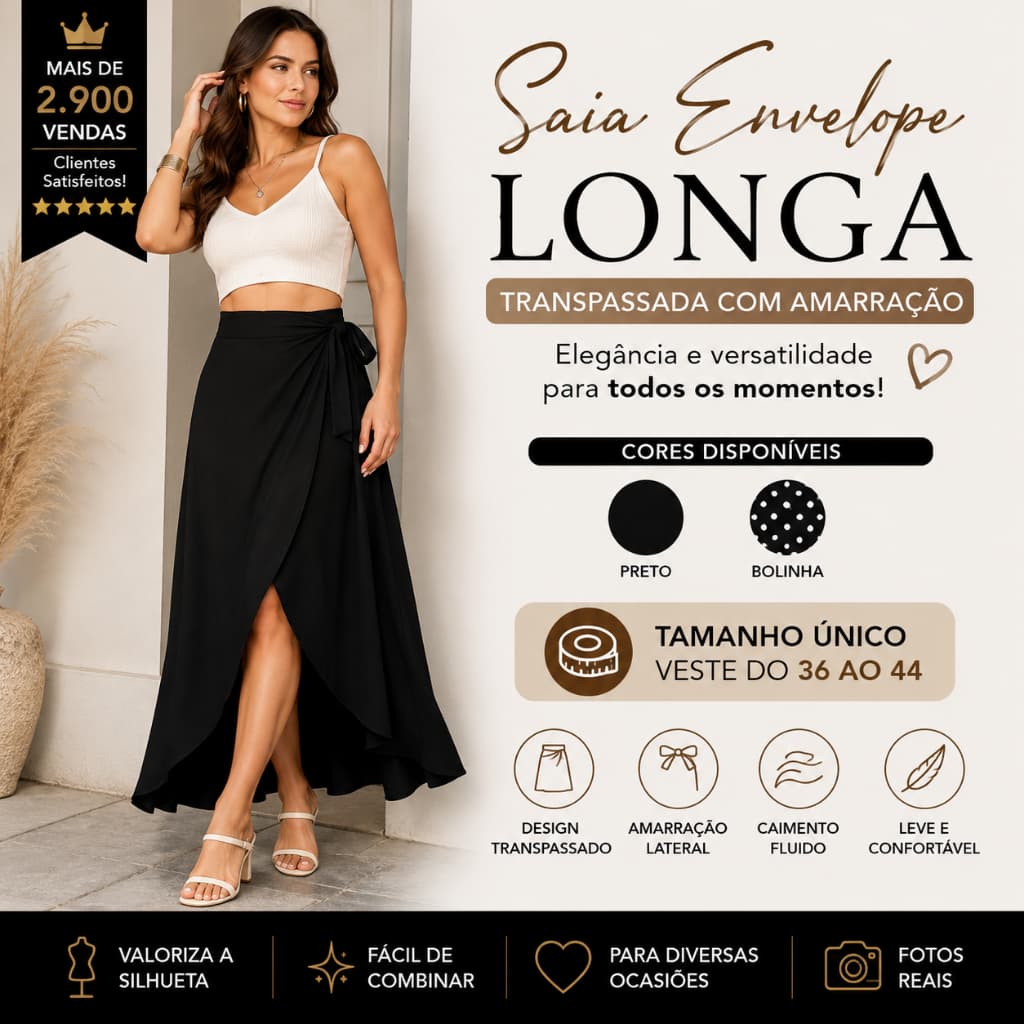 Saia Envelope Longa Feminina Transpassada com Amarração Cintura Ajustável Casual Elegante
